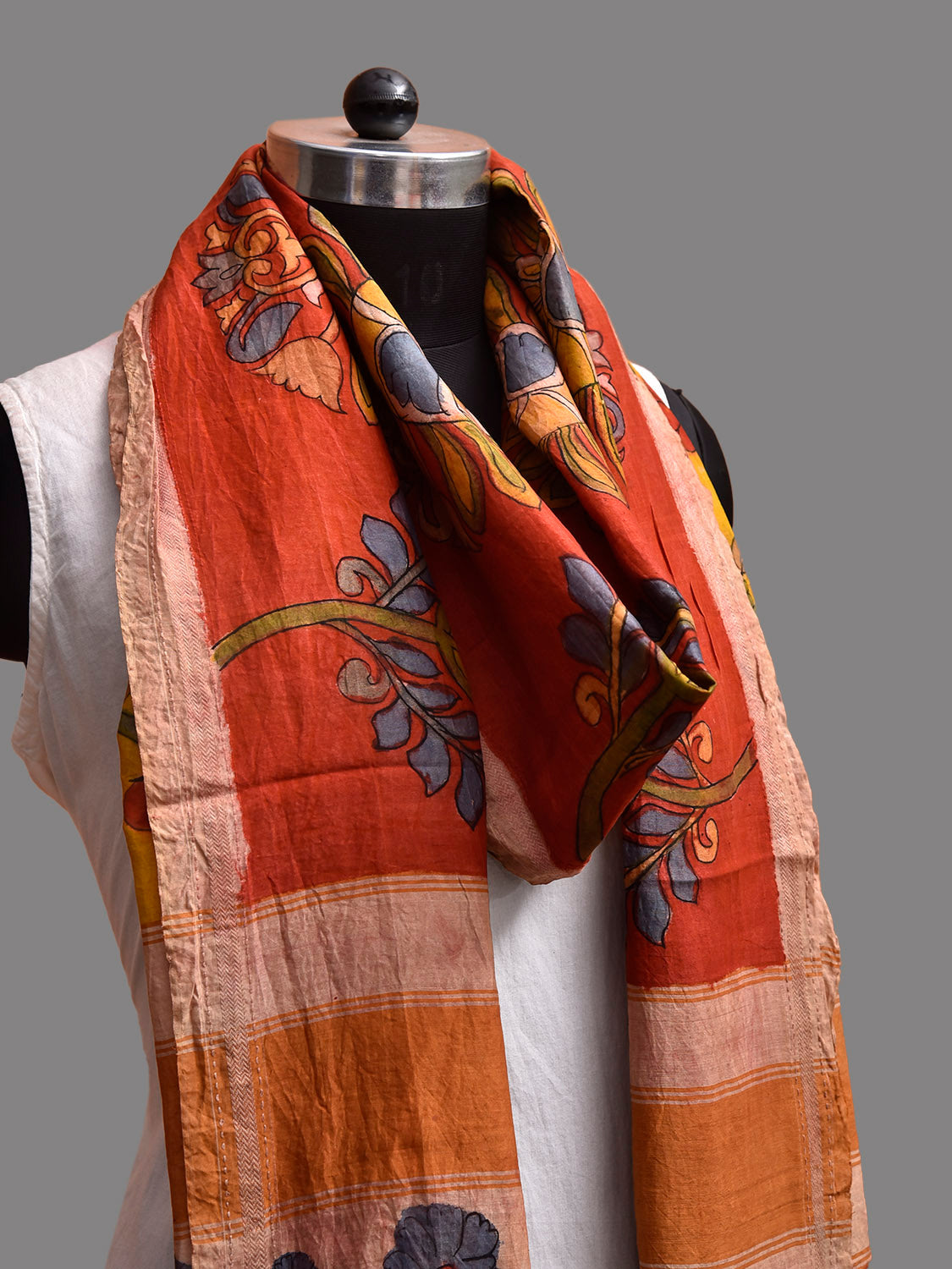Red and Yellow Kalamkari Hand Painted Cotton Silk Handloom Dupatta with Floral Design ds3900