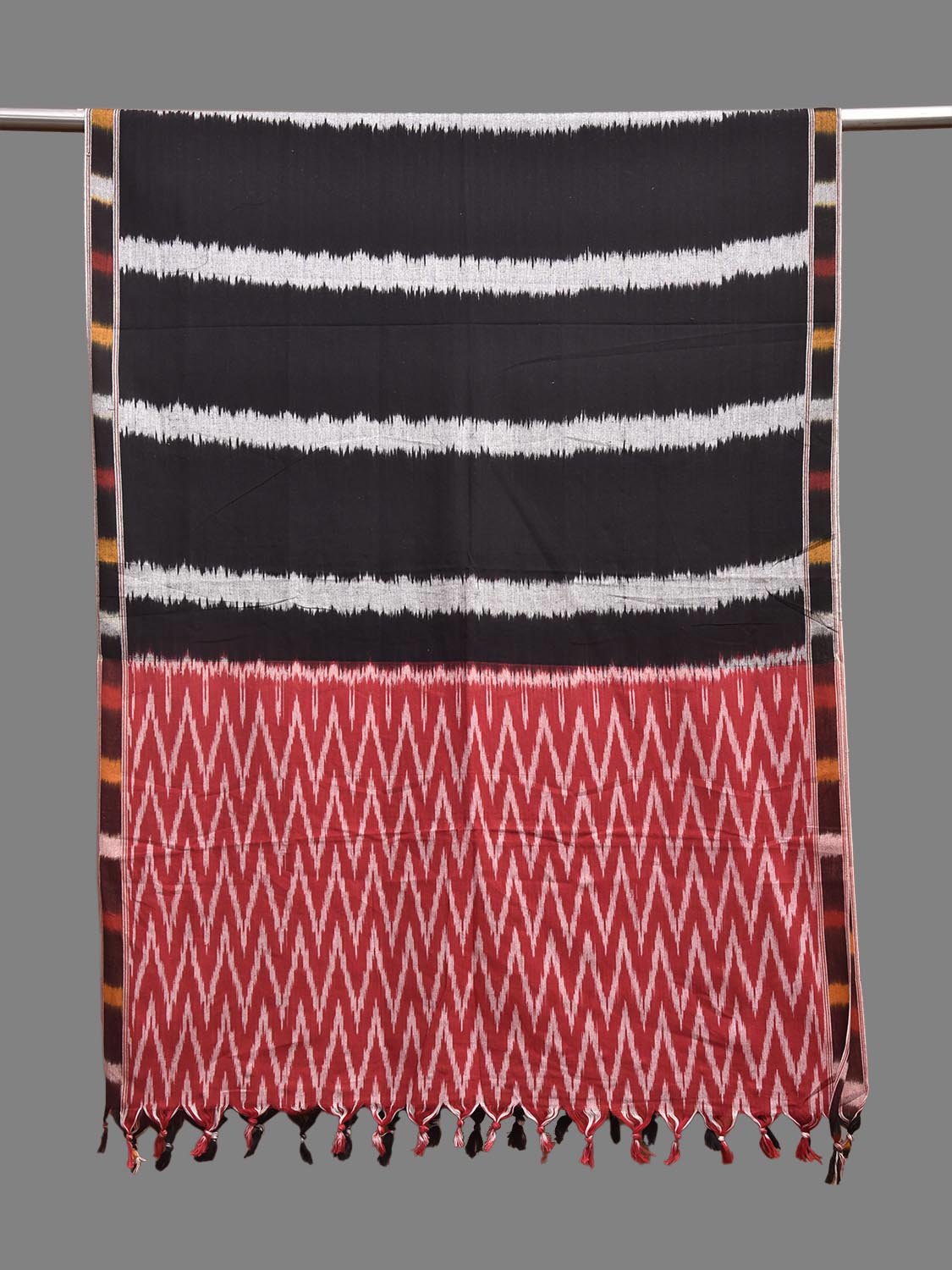 Black and Red Pochampally Ikat Cotton Handloom Dupatta with Strips and Zig-Zag Design ds3911