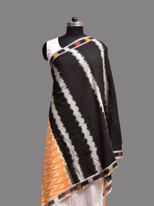 Black and Yellow Pochampally Ikat Cotton Handloom Dupatta with Strips and Zig-Zag Pallu Design ds3918