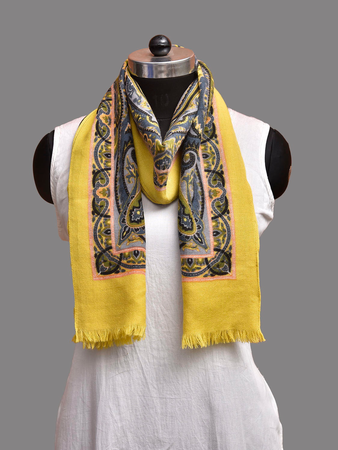 Yellow and Blue Digital Print Woolen Stole with Pasley Design ds3920