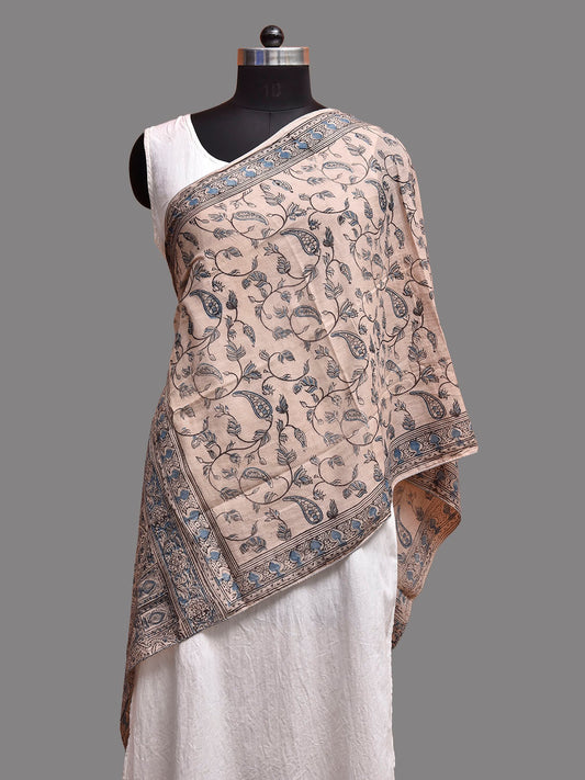 Cream and Blue Kalamkari Block Print Cotton Stole with Floral Design ds3921