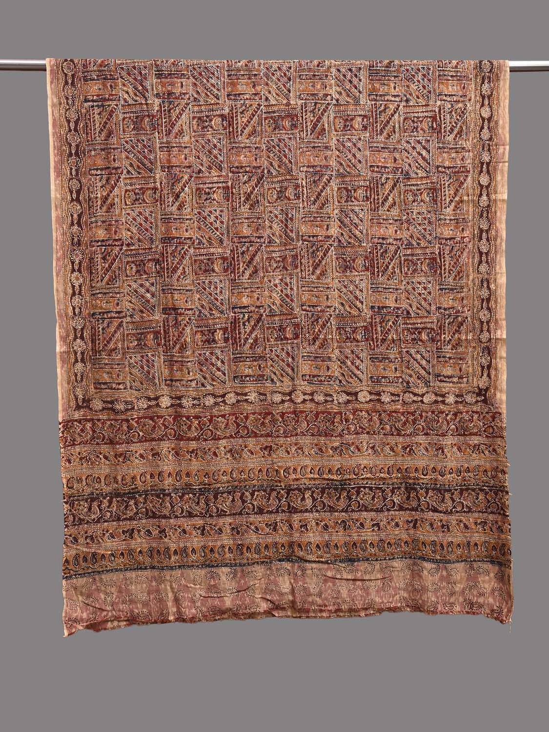 Red and Cream Kalamkari Block Print Cotton Dupatta with Kantha Work Design ds3922