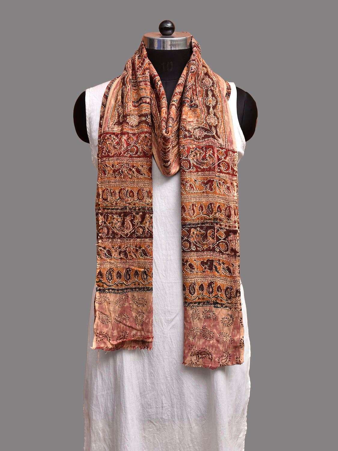 Red and Cream Kalamkari Block Print Cotton Dupatta with Kantha Work Design ds3922