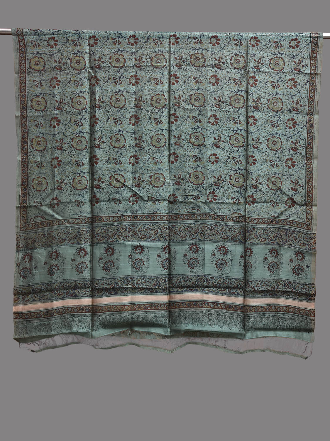 Turquoise Kalamkari Block Print Cotton Silk Dupatta with Floral Design ds3923