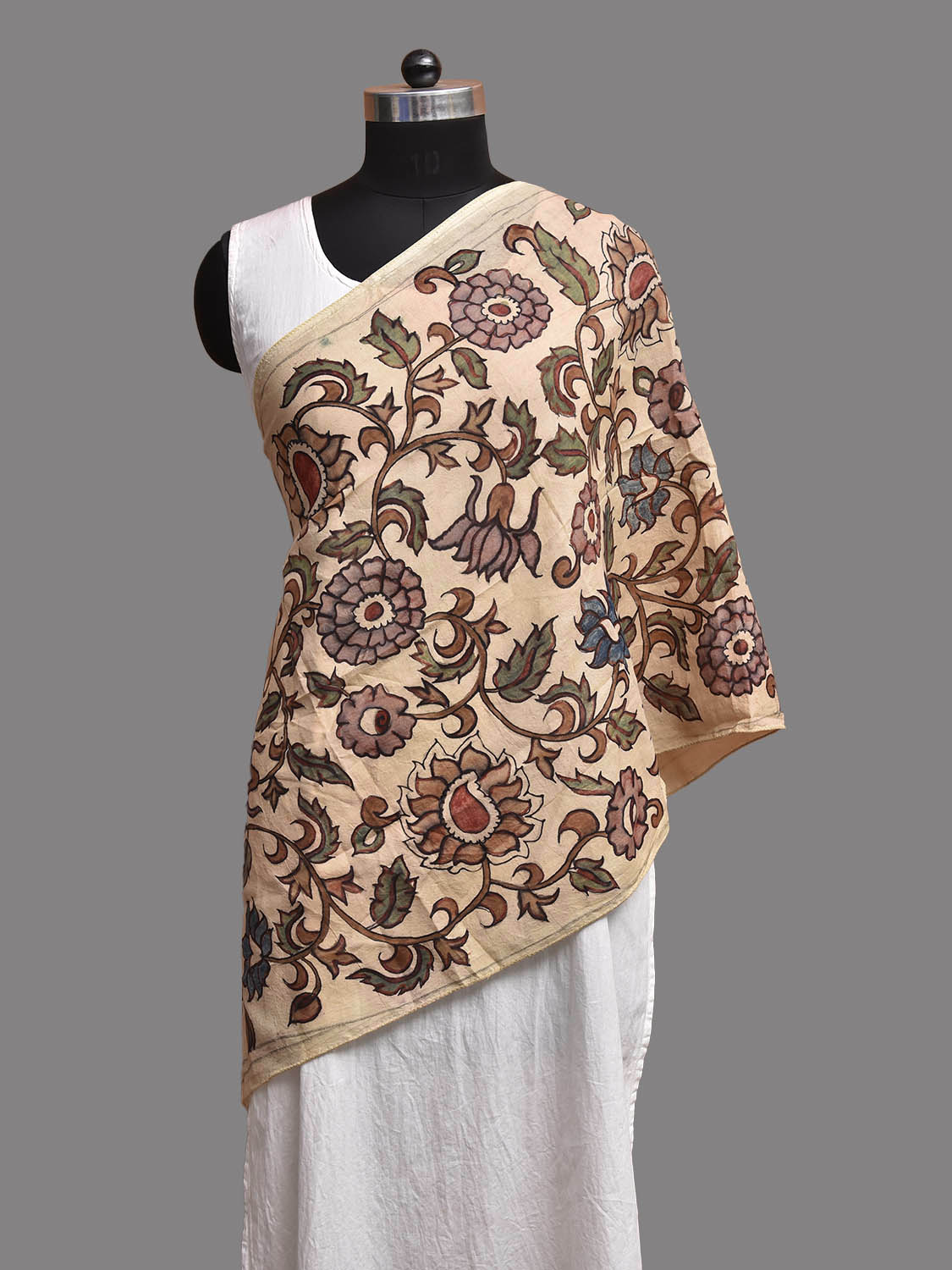 Cream Kalamkari Hand Painted Sico Stole with Floral Design ds3928