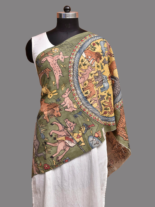 Green Kalamkari Hand Painted Sico Stole with Animals and Village Theme Design ds3930
