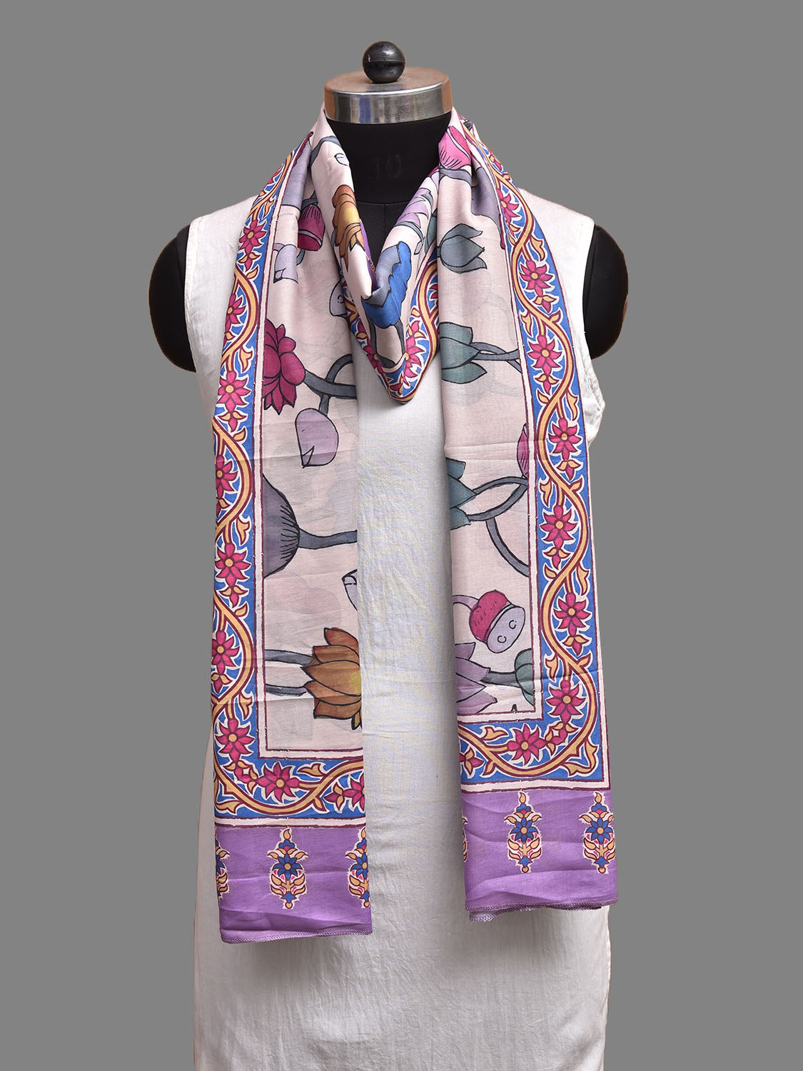 Beige and Lavender Printed Viscose Silk Dupatta with Floral Design ds3931