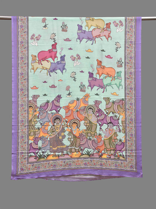 Turquoise and Lavender Printed Viscose Silk Dupatta with Cows Design ds3933