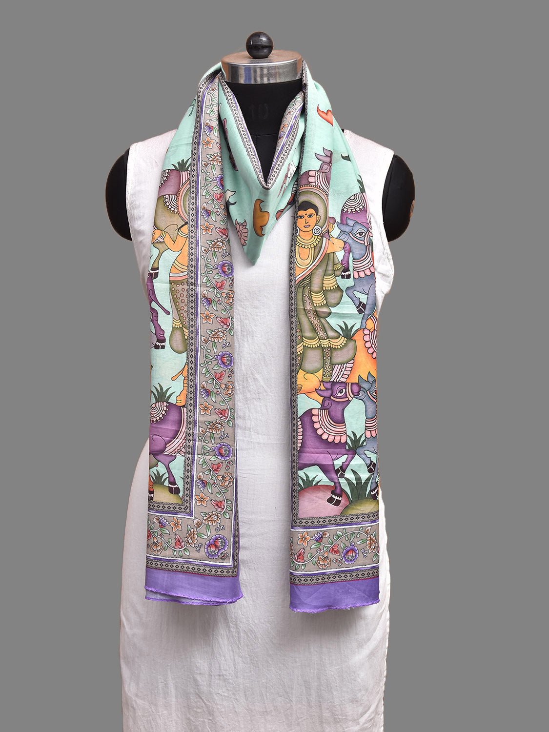 Turquoise and Lavender Printed Viscose Silk Dupatta with Cows Design ds3933