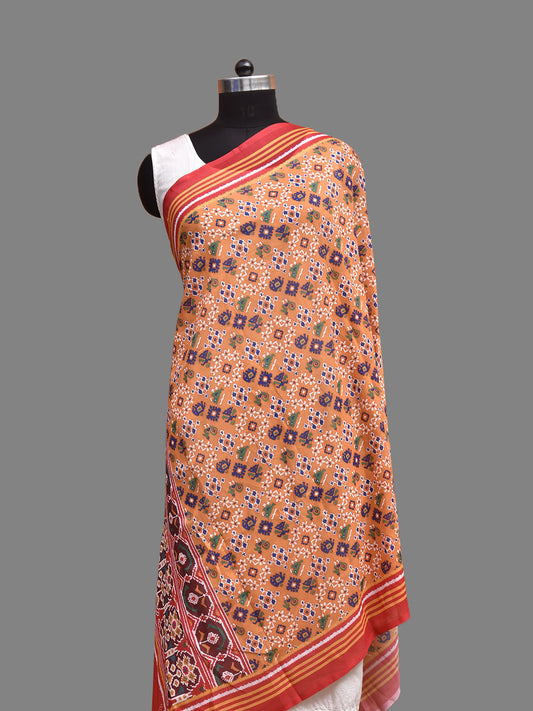 Orange and Red Printed Viscose Silk Dupatta with Pochampally Ikat Patola Design ds3934