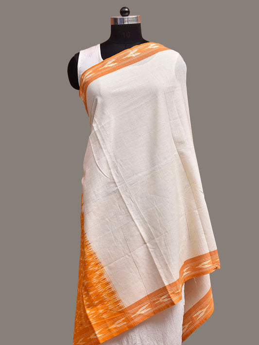 White and Yellow Pochampally Ikat Cotton Handloom Dupatta with Grill Pallu Design ds3935