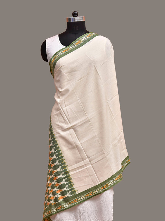 White and Light Green Pochampally Ikat Cotton Handloom Dupatta with Grill Pallu Design ds3936