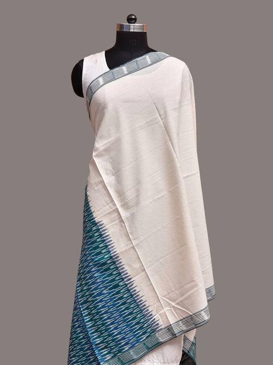 White and Teal Pochampally Ikat Cotton Handloom Dupatta with Grill Pallu Design ds3937