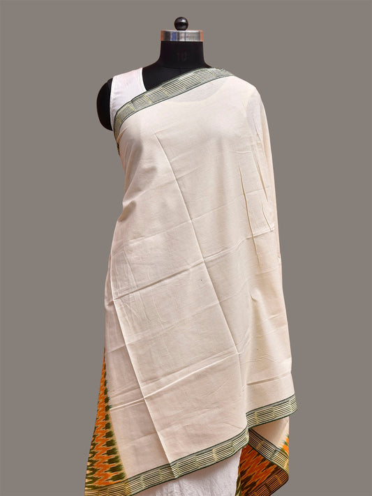 White and Green Pochampally Ikat Cotton Handloom Dupatta with Grill Pallu Design ds3938