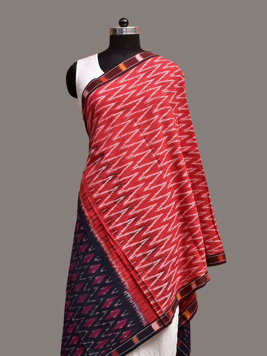 Red and Navy Pochampally Ikat Cotton Handloom Dupatta with Grill Pallu Design ds3939