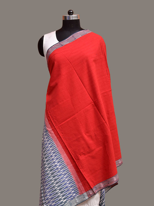 Red and Teal Pochampally Ikat Cotton Handloom Dupatta with Grill Pallu Design ds3940