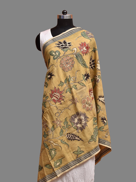 Light Olive Kalamkari Hand Painted Cotton Handloom Dupatta with Floral and Doby Border Design ds3941