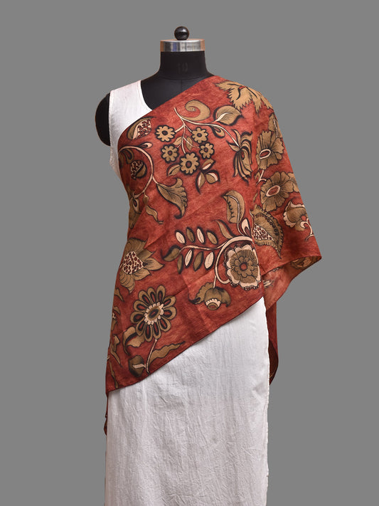 Red and Mustard Kalamkari Hand Painted Sico Stole with Floral Design ds3942