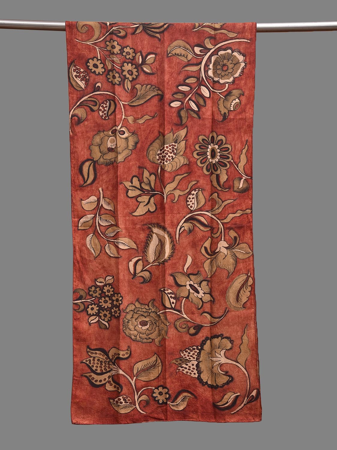 Red and Mustard Kalamkari Hand Painted Sico Stole with Floral Design ds3942