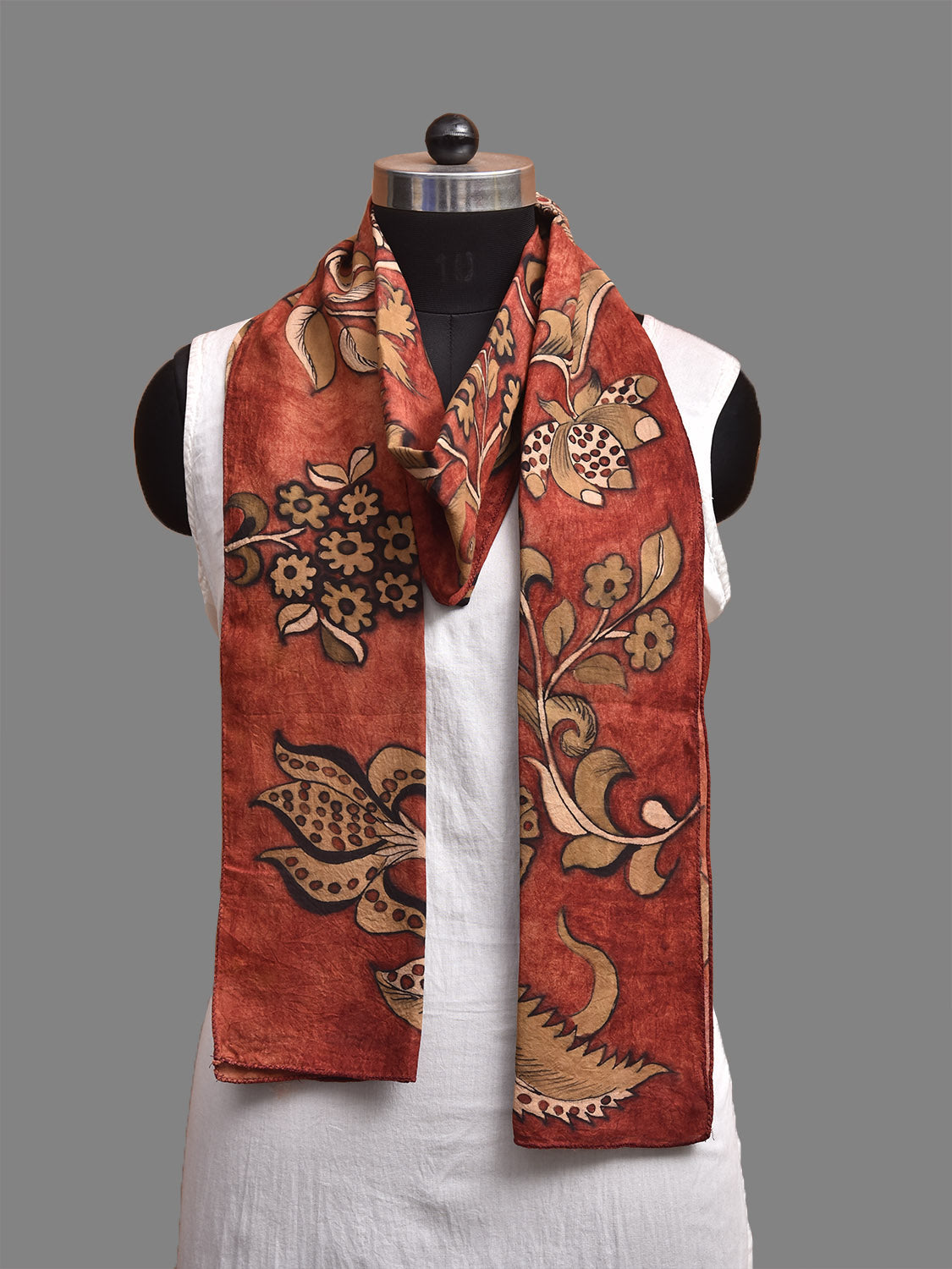 Red and Mustard Kalamkari Hand Painted Sico Stole with Floral Design ds3942