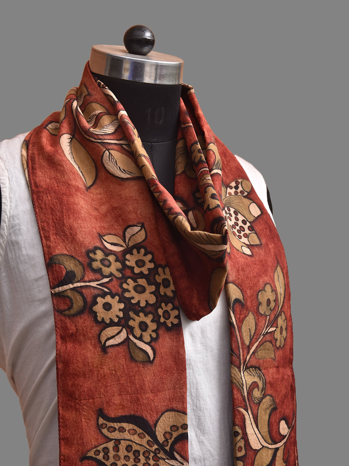 Red and Mustard Kalamkari Hand Painted Sico Stole with Floral Design ds3942