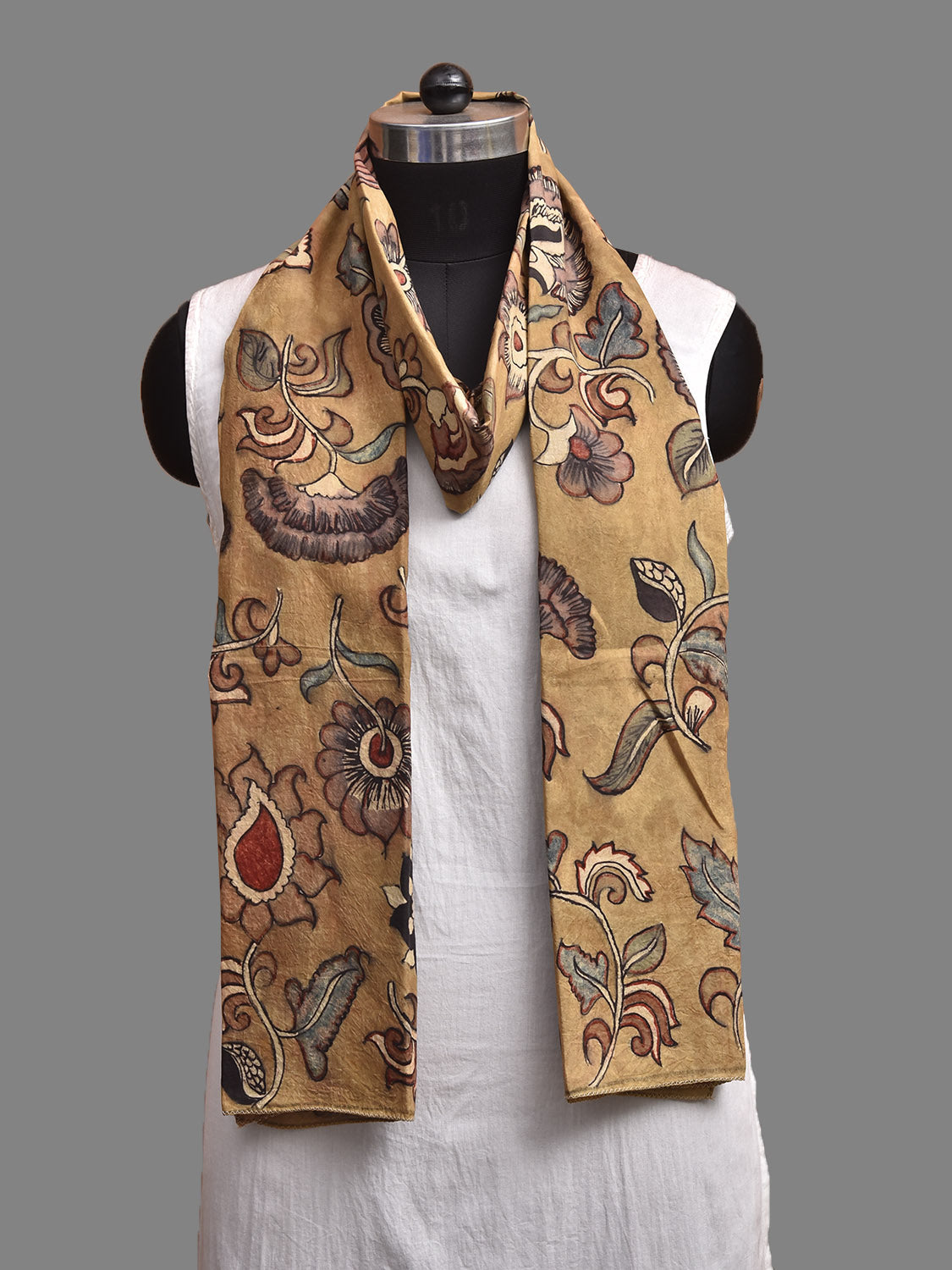 Light Yellow Kalamkari Hand Painted Sico Stole with Floral Design ds3943