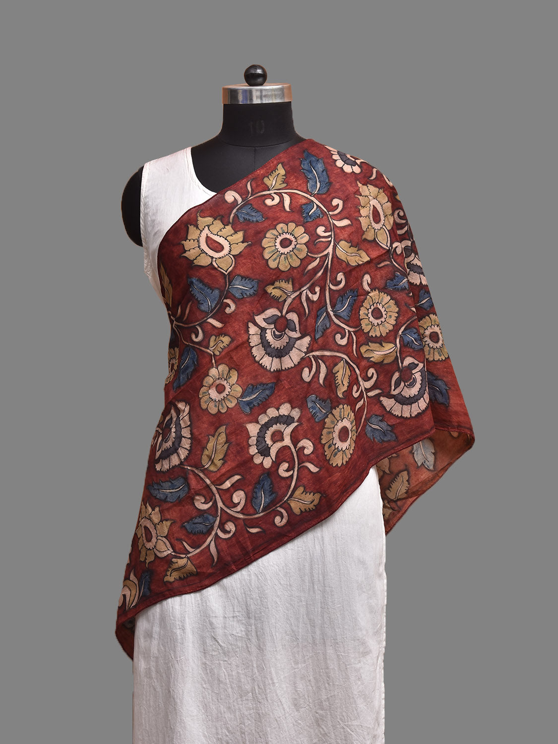 Dark Red Kalamkari Hand Painted Sico Stole with Floral Design ds3944