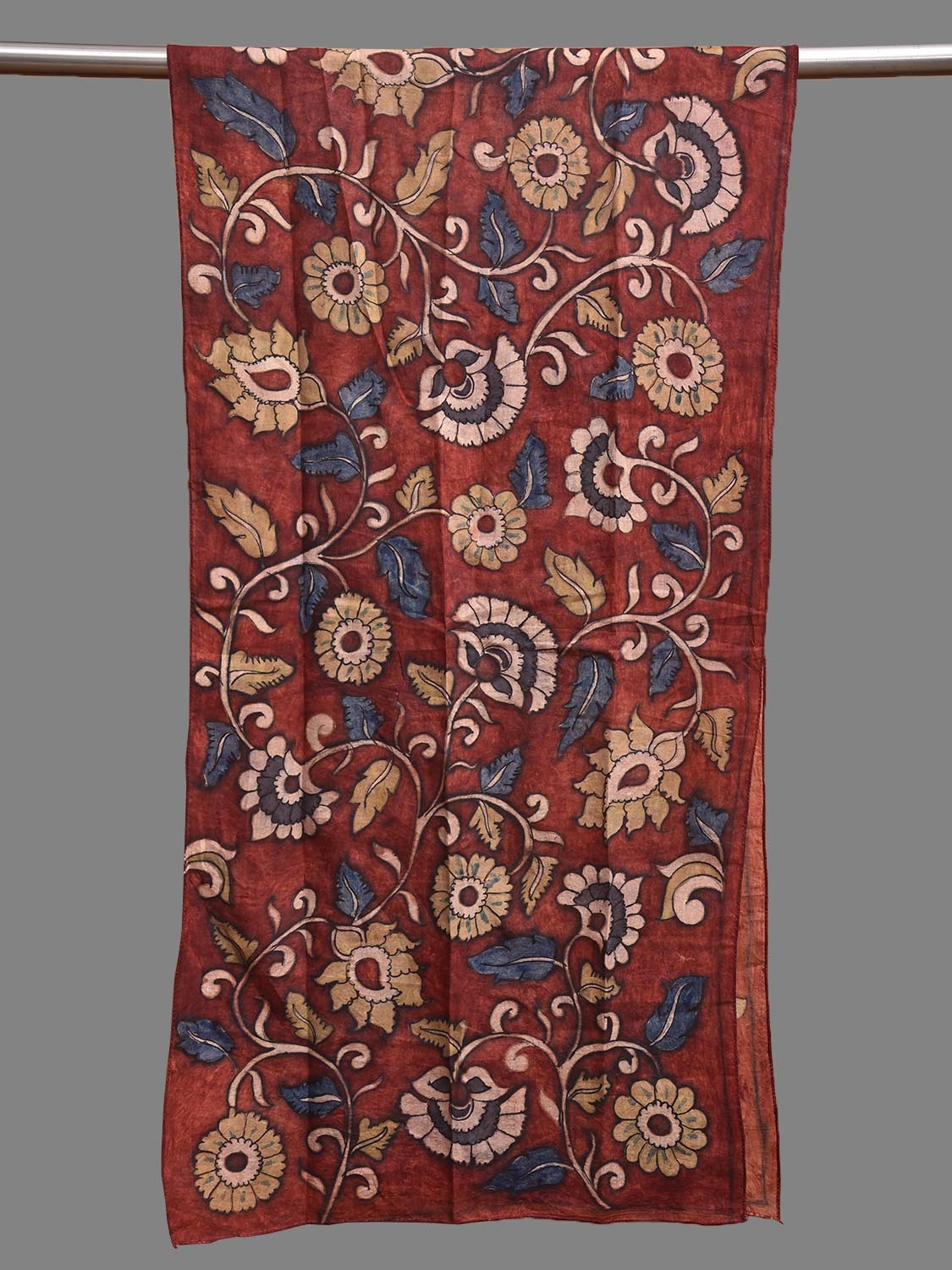 Dark Red Kalamkari Hand Painted Sico Stole with Floral Design ds3944
