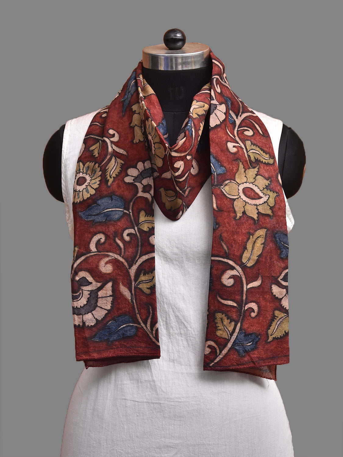 Dark Red Kalamkari Hand Painted Sico Stole with Floral Design ds3944