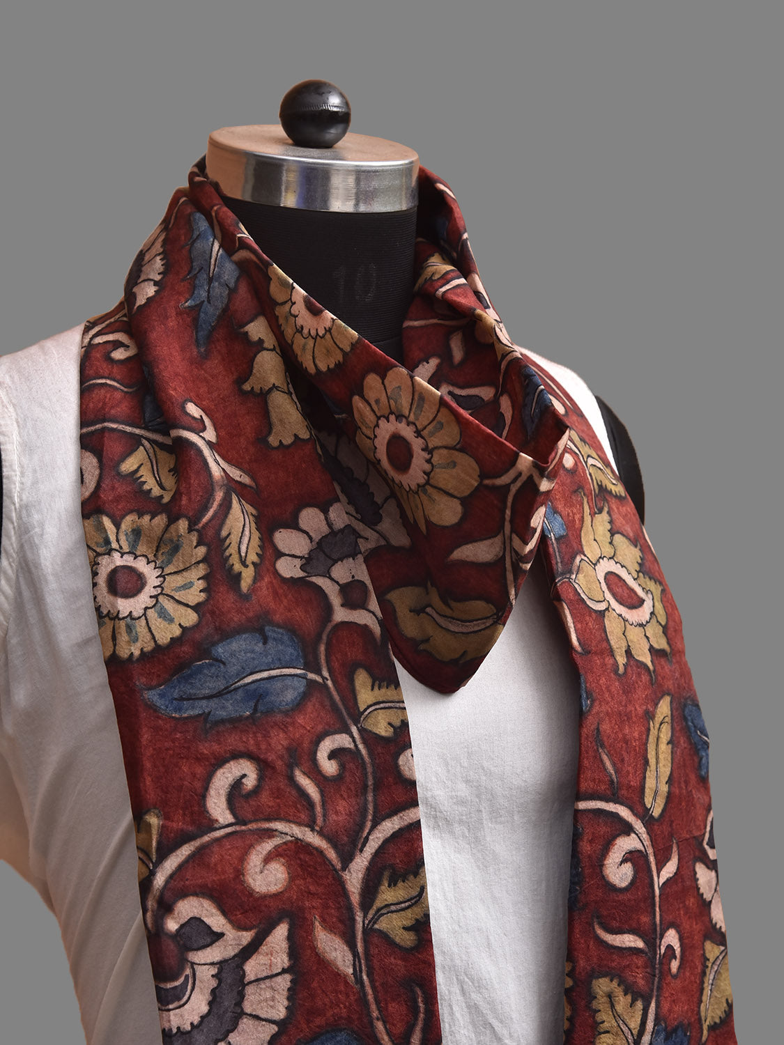 Dark Red Kalamkari Hand Painted Sico Stole with Floral Design ds3944