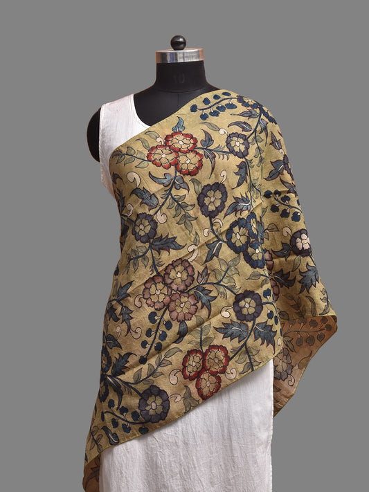 Light Green and Blue Kalamkari Hand Painted Sico Stole with Floral Design ds3945