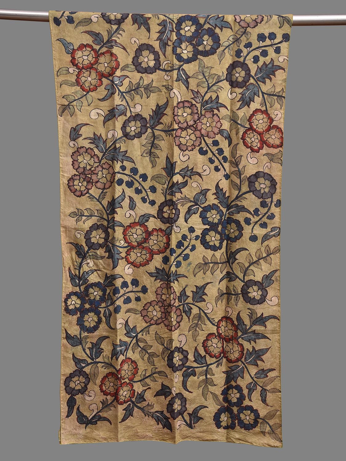 Light Green and Blue Kalamkari Hand Painted Sico Stole with Floral Design ds3945