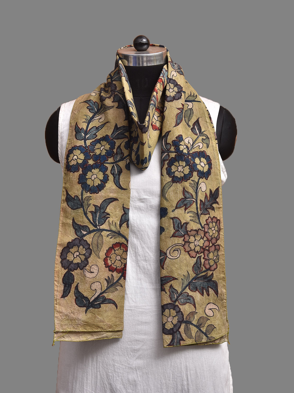 Light Green and Blue Kalamkari Hand Painted Sico Stole with Floral Design ds3945