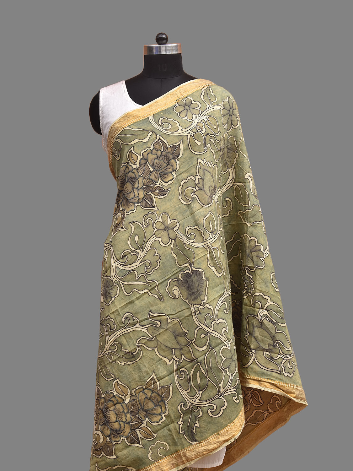 Light Green Kalamkari Hand Painted Mangalgiri Sico Dupatta with Floral Design ds3946