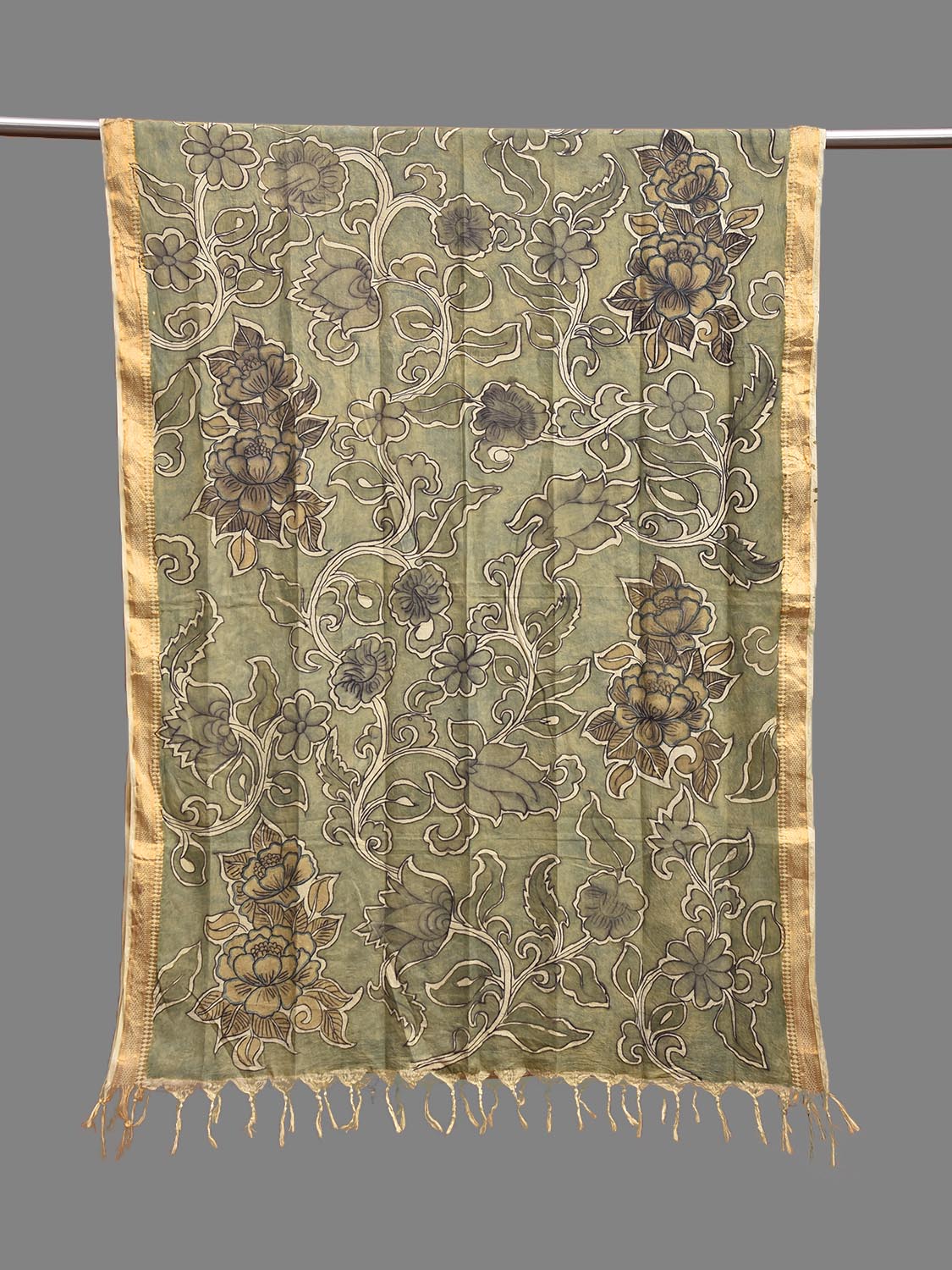 Light Green Kalamkari Hand Painted Mangalgiri Sico Dupatta with Floral Design ds3946