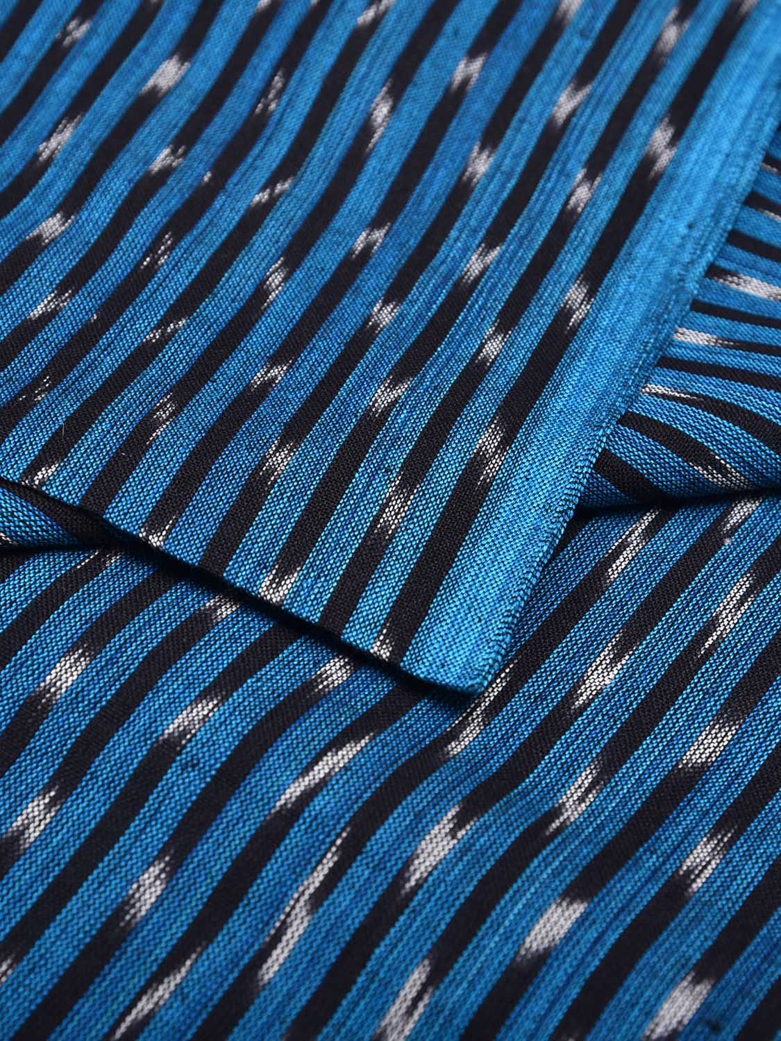 Blue and Black Pochampally Ikat Cotton Handloom 2.5mts Fabric with Strips Design f0267