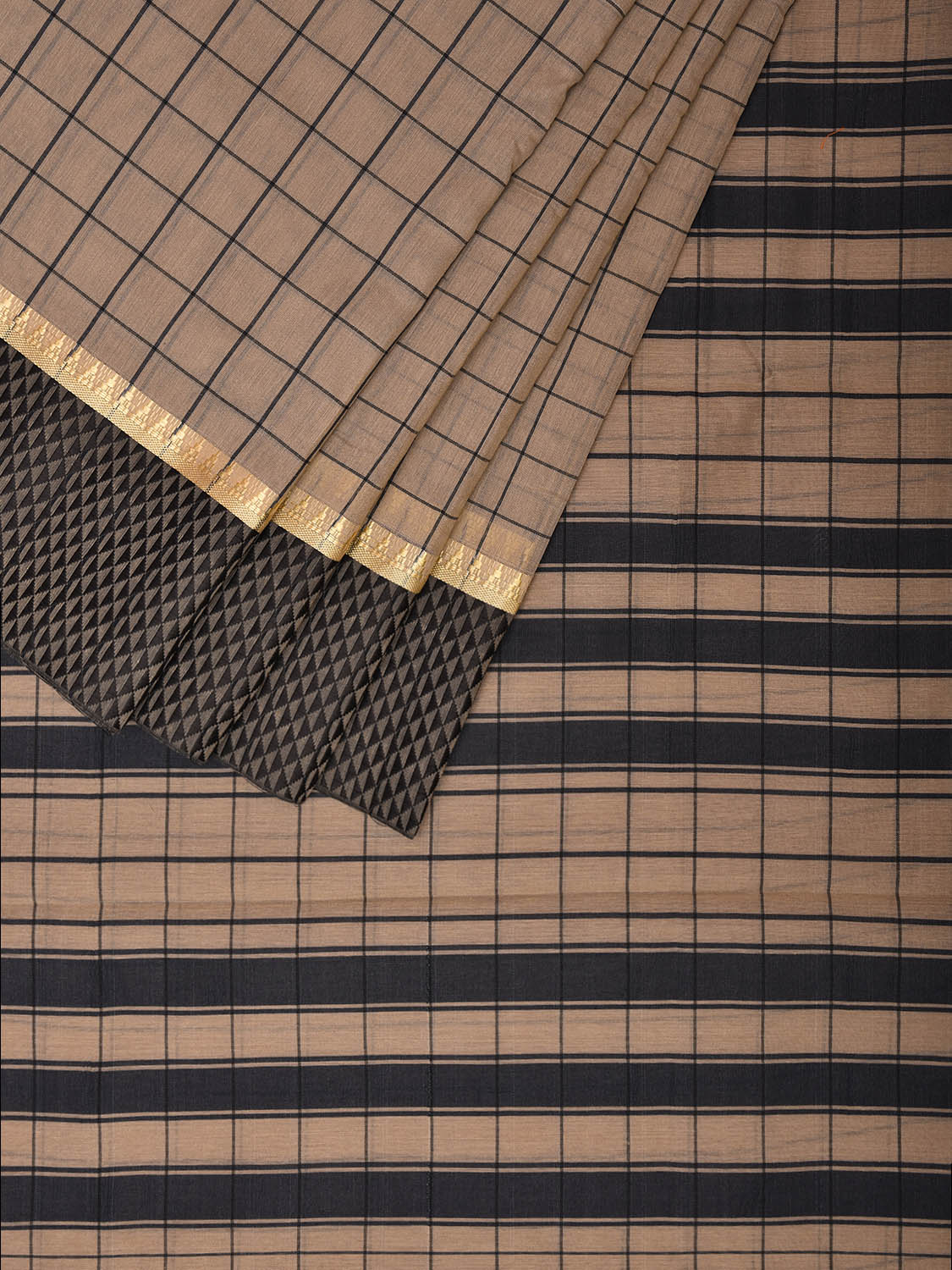 Fawn and Black Bamboo Cotton Saree with Big Checks Design No Blouse bc0641
