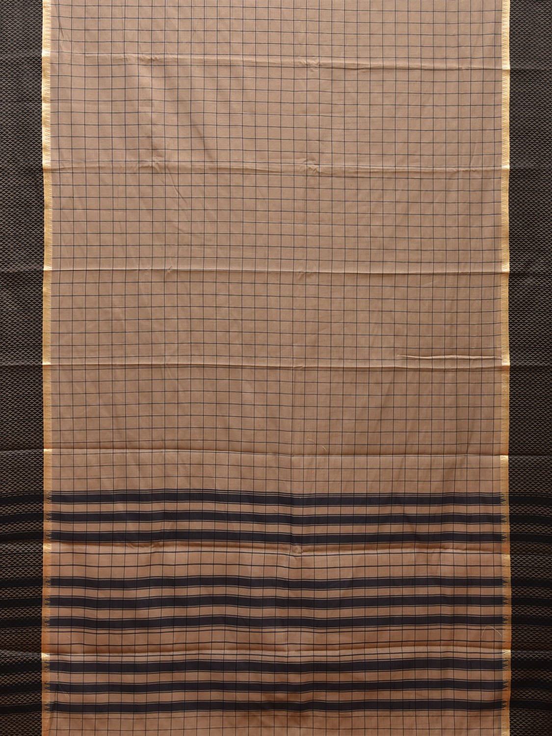 Fawn and Black Bamboo Cotton Saree with Big Checks Design No Blouse bc0641
