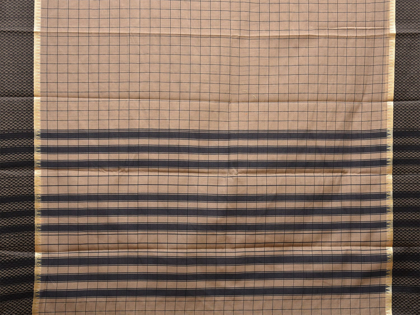 Fawn and Black Bamboo Cotton Saree with Big Checks Design No Blouse bc0641