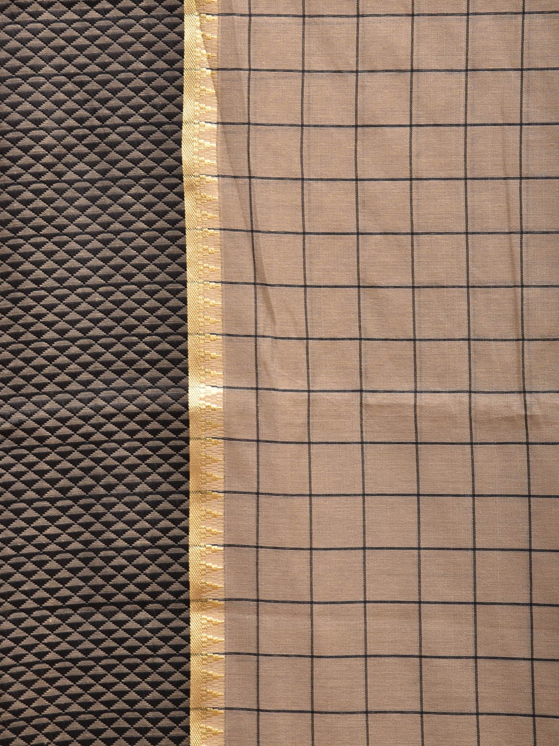 Fawn and Black Bamboo Cotton Saree with Big Checks Design No Blouse bc0641