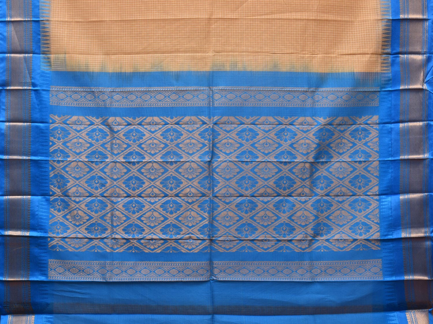 Fawn and Blue Gadwal Cotton Plain Saree with Checks and Pallu Design No Blouse g0355