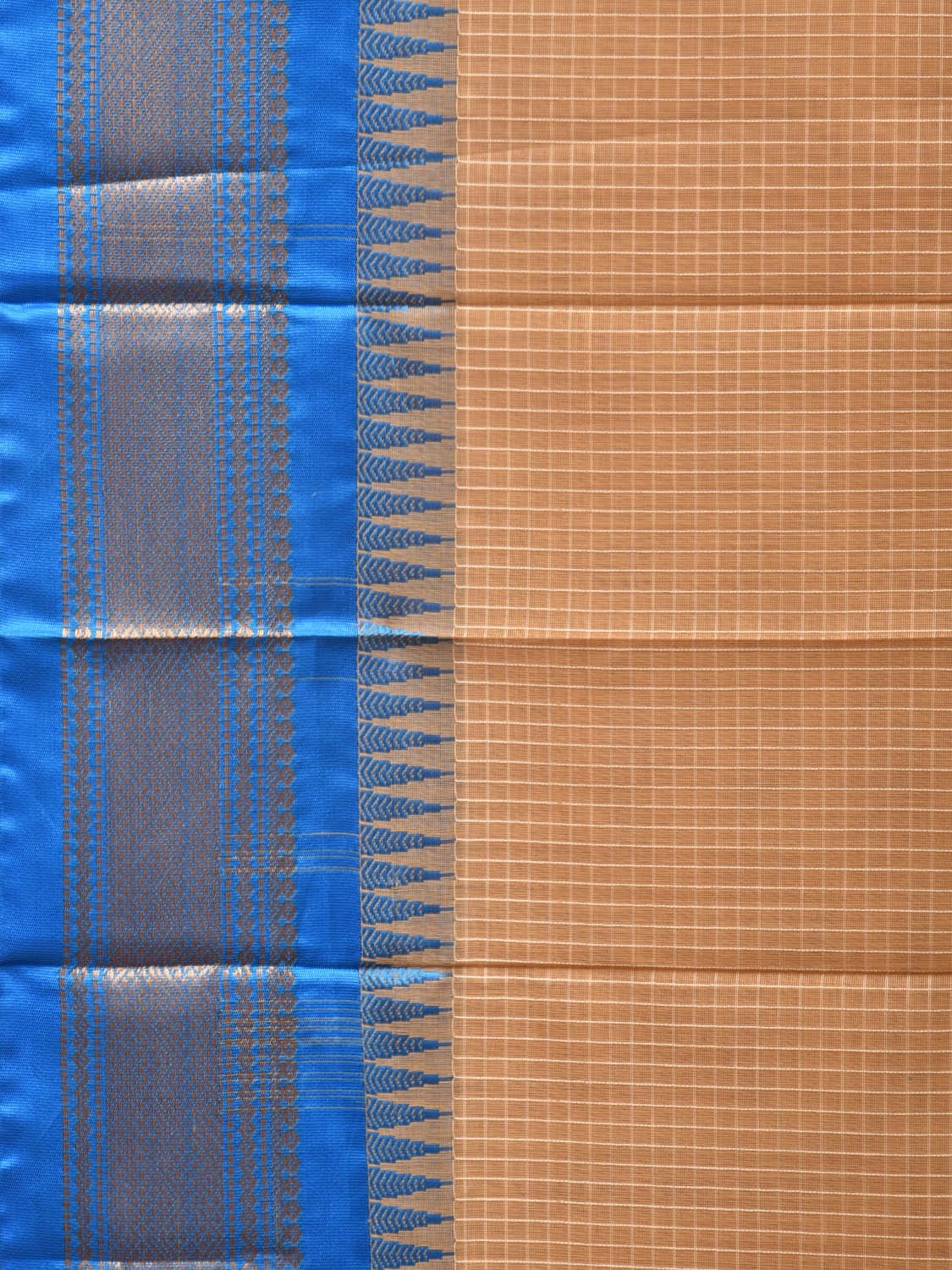 Fawn and Blue Gadwal Cotton Plain Saree with Checks and Pallu Design No Blouse g0355