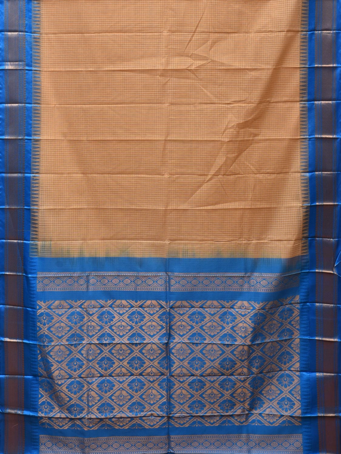 Fawn and Blue Gadwal Cotton Plain Saree with Checks and Pallu Design No Blouse g0355