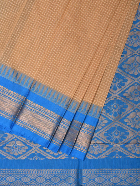 Fawn and Blue Gadwal Cotton Plain Saree with Checks and Pallu Design No Blouse g0355