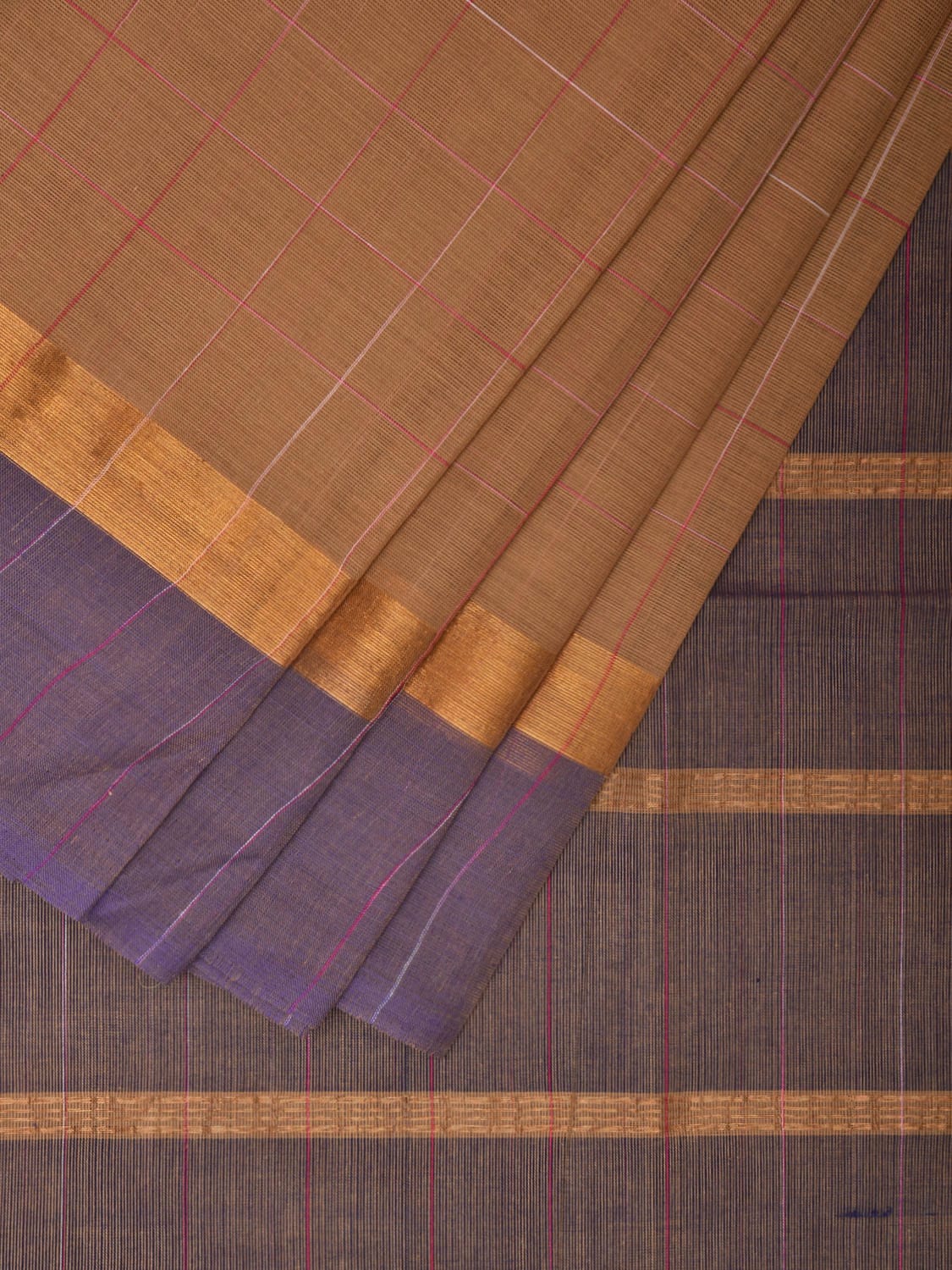 Fawn and Blue Kanchipuram Cotton Saree with Big Checks Design k0611