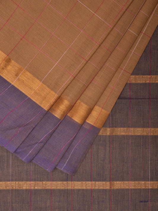 Fawn and Blue Kanchipuram Cotton Saree with Big Checks Design k0611