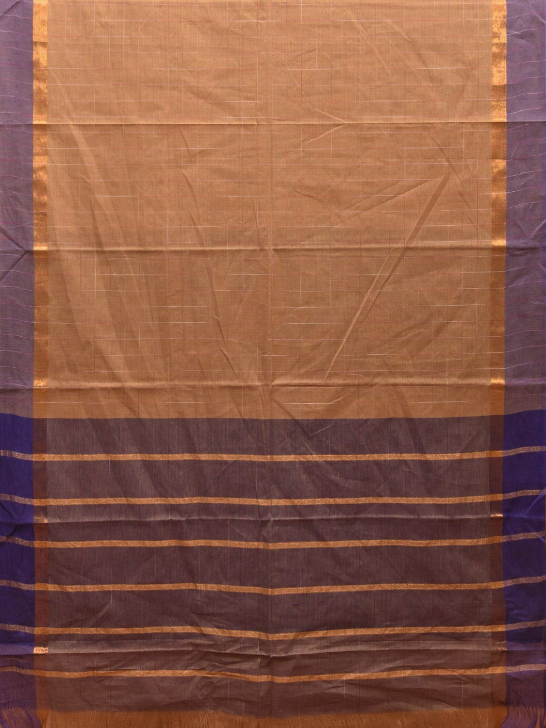 Fawn and Blue Kanchipuram Cotton Saree with Big Checks Design k0611