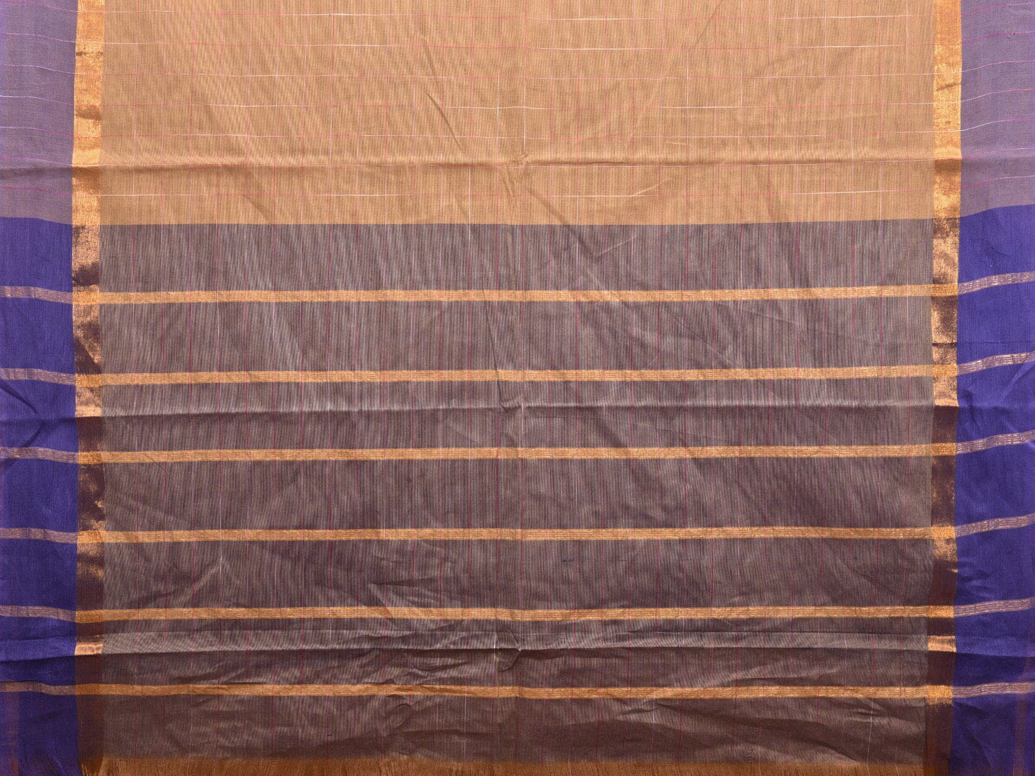 Fawn and Blue Kanchipuram Cotton Saree with Big Checks Design k0611