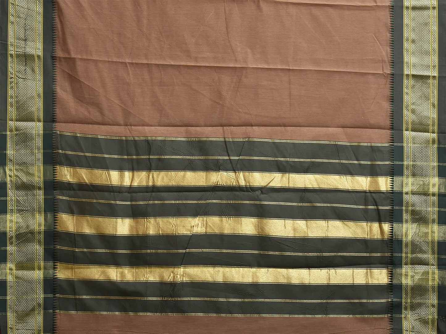 Fawn and Green Bamboo Cotton Plain Saree with Contrast Pallu Design No Blouse bc0818