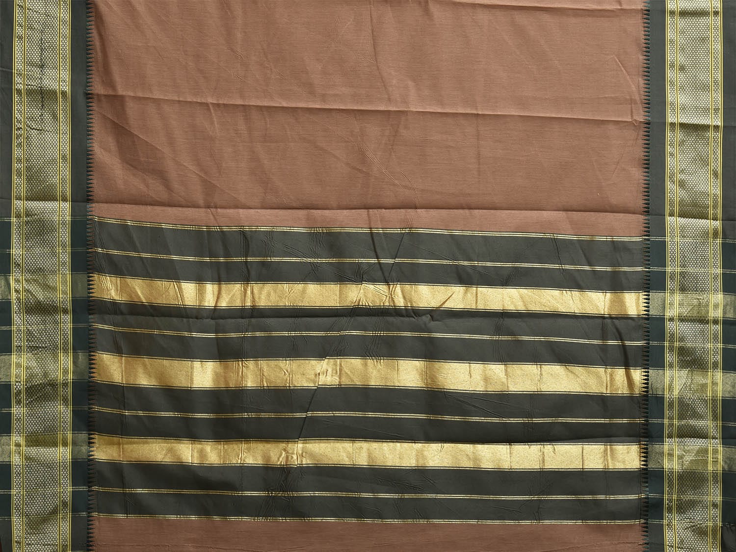 Fawn and Green Bamboo Cotton Plain Saree with Contrast Pallu Design No Blouse bc0818